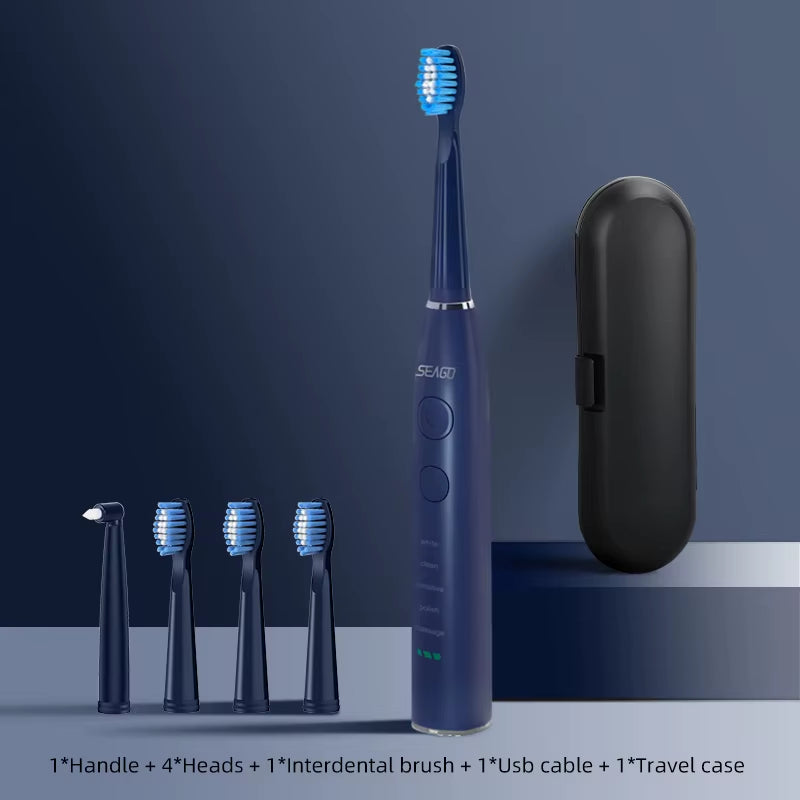 Electric Sonic Toothbrush USB Rechargeable Adult 360 Days Long Battery Life IPX7 4 Replacement Heads Travel Box SG-575