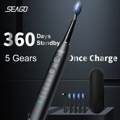 Electric Sonic Toothbrush USB Rechargeable Adult 360 Days Long Battery Life IPX7 4 Replacement Heads Travel Box SG-575